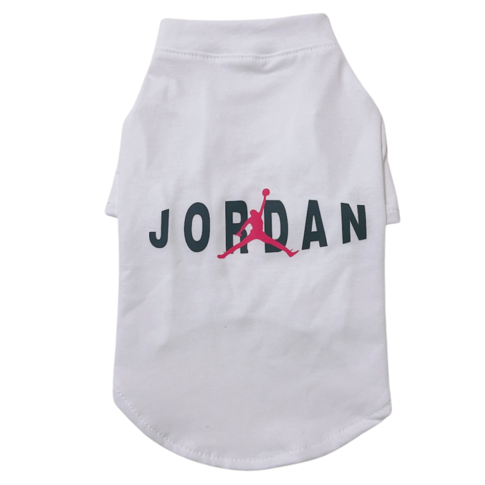 White dog tee with red Jumpman logo and Jordan lettering basketball streetwear style