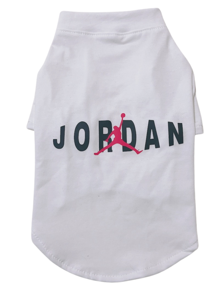 White dog tee with red Jumpman logo and Jordan lettering basketball streetwear style