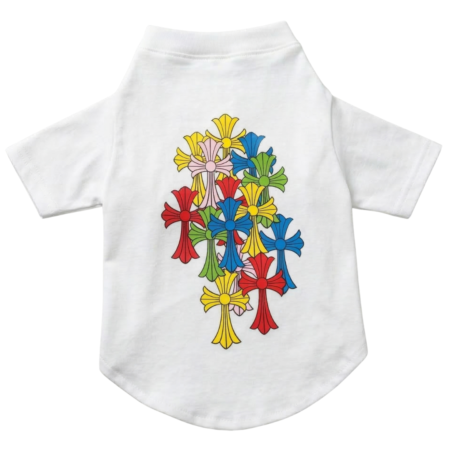 White dog tee with multicolor gothic cross graphic Chrome Hearts inspired design on back