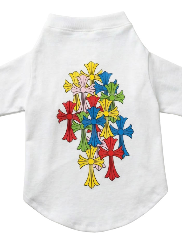 White dog tee with multicolor gothic cross graphic Chrome Hearts inspired design on back