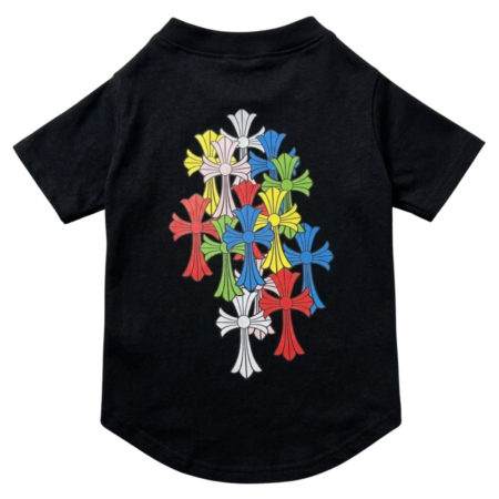 Black dog tee with multicolor gothic cross graphic Chrome Hearts style back print