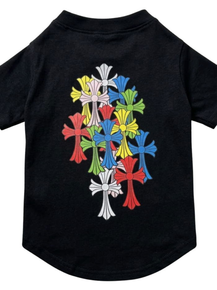 Black dog tee with multicolor gothic cross graphic Chrome Hearts style back print