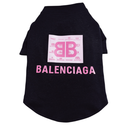 Black cotton dog tee with pink BB monogram graphic inspired by Balenciaga