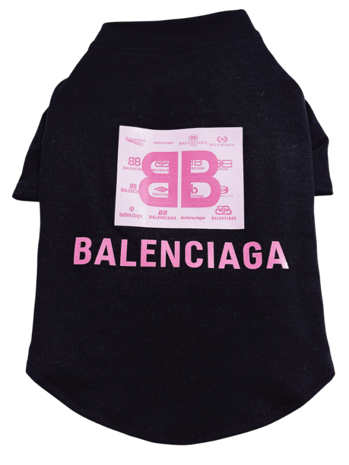 Black cotton dog tee with pink BB monogram graphic inspired by Balenciaga