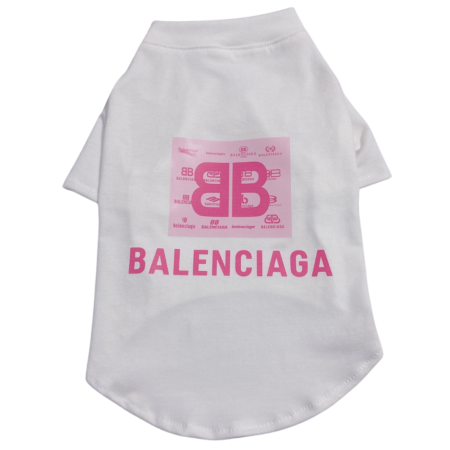 White cotton dog tee with pink BB monogram graphic inspired by Balenciaga