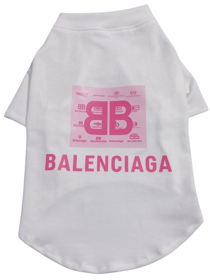 White cotton dog tee with pink BB monogram graphic inspired by Balenciaga