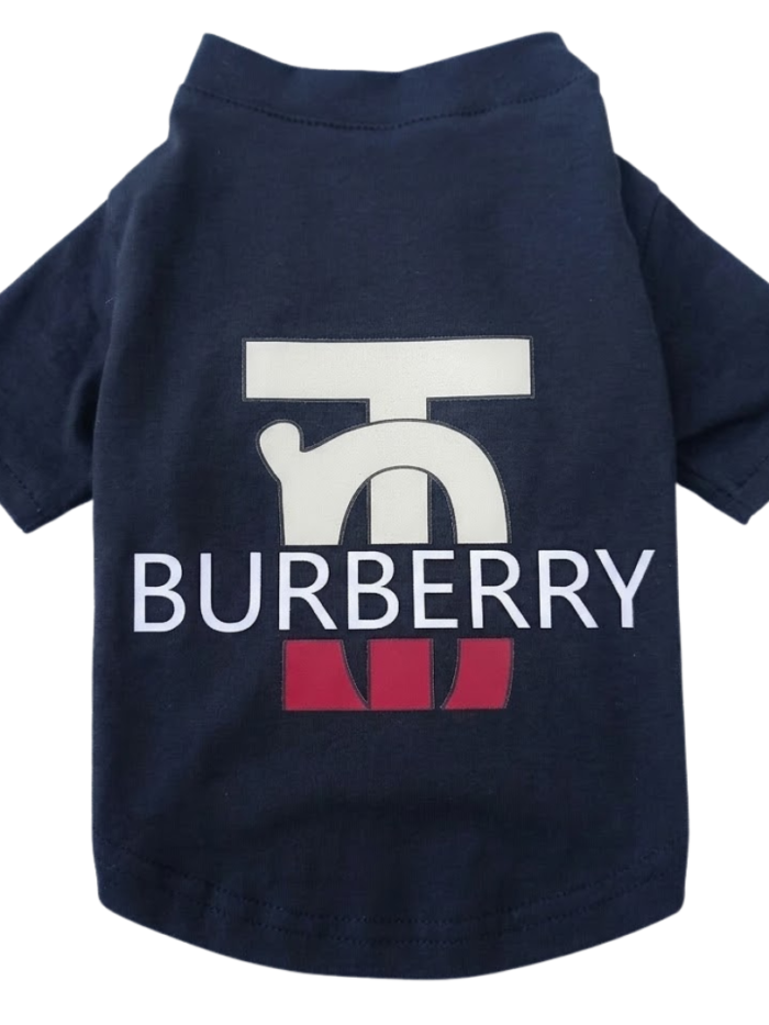 Navy dog tee with bold BURBERRY wordmark and TB monogram inspired by Burberry heritage branding