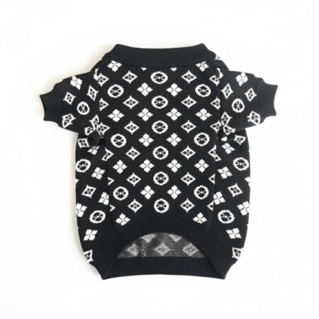 Back view of black monogram dog sweater with white V pattern and ribbed hem