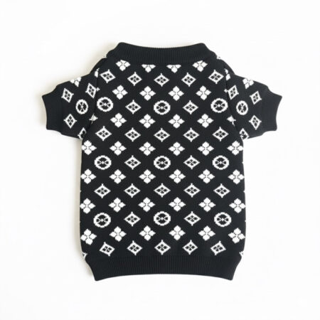 Black knit dog sweater with white Louis Vuitton inspired monogram pattern all over