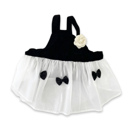 Black and white dog dress with tulle skirt Chanel inspired camellia flower detail