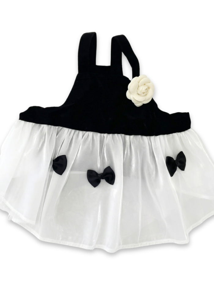 Black and white dog dress with tulle skirt Chanel inspired camellia flower detail