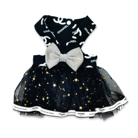Black tulle dog dress with gold stars and Chanel-inspired logo bodice with checkered bow