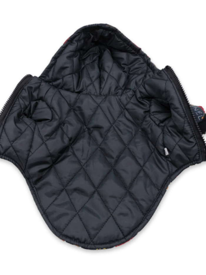 Diamond quilted black lining interior of luxury dog vest
