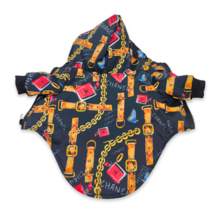 Navy quilted dog vest with gold chain and perfume bottle print Chanel inspired
