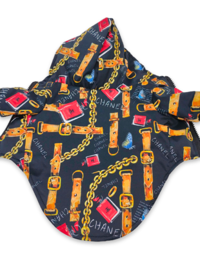 Navy quilted dog vest with gold chain and perfume bottle print Chanel inspired