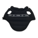 Black sleeveless dog vest with Chanel logo band across chest