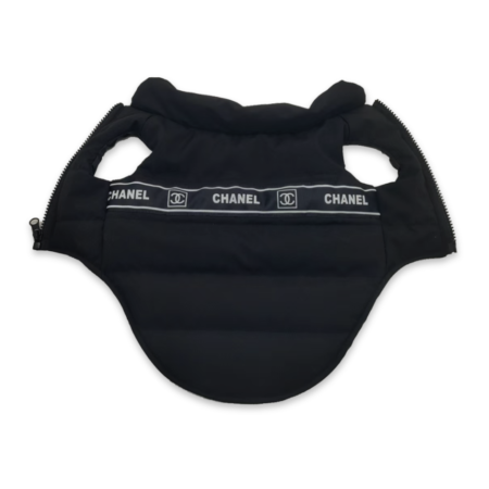 Black sleeveless dog vest with Chanel logo band across chest