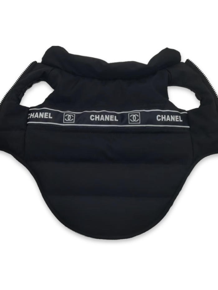 Black sleeveless dog vest with Chanel logo band across chest