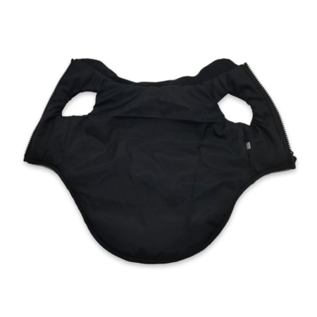 Interior view of black Chanel inspired dog vest with logo stripe