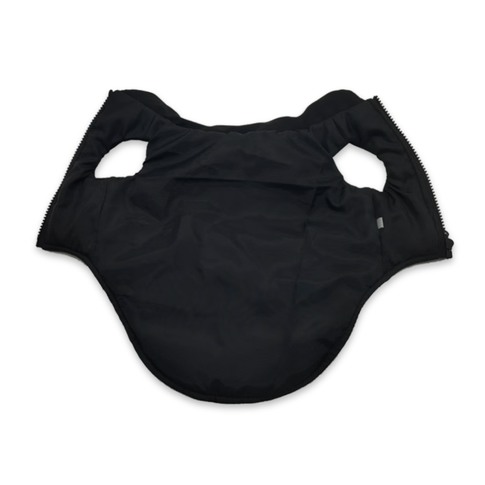 Interior view of black Chanel inspired dog vest with logo stripe