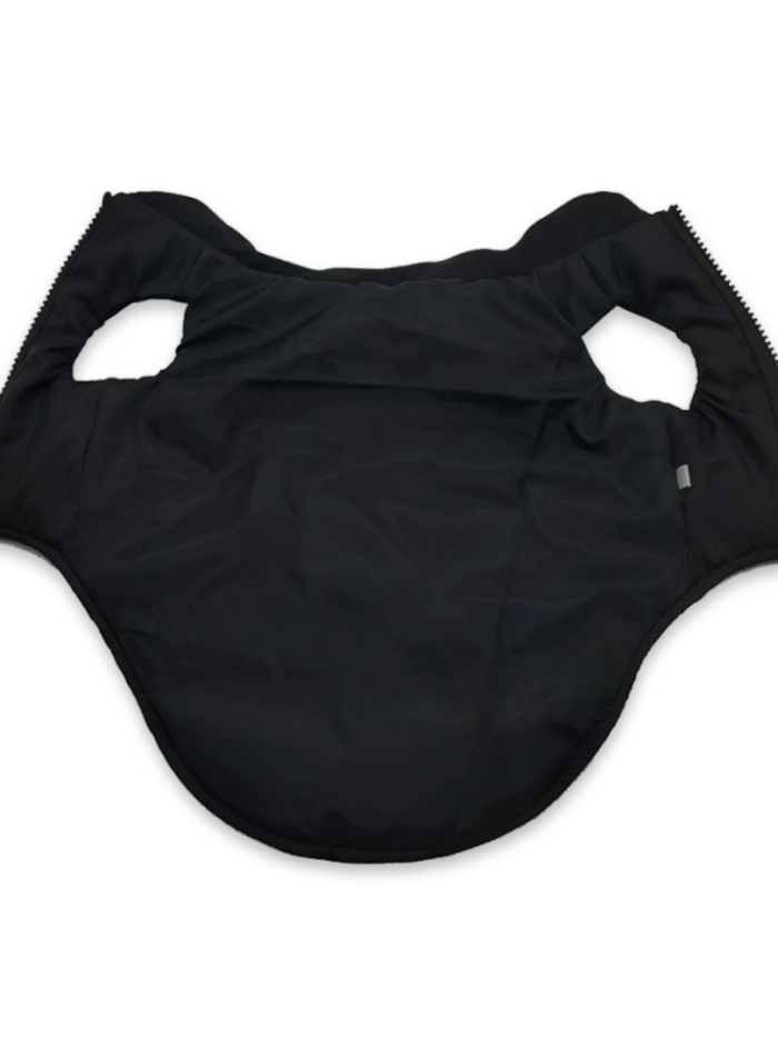 Interior view of black Chanel inspired dog vest with logo stripe