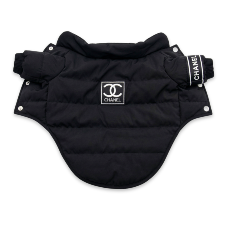 Black quilted puffer dog vest with Chanel CC logo patch and silver snaps
