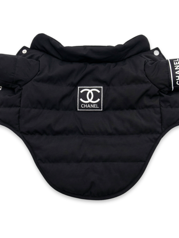 Black quilted puffer dog vest with Chanel CC logo patch and silver snaps