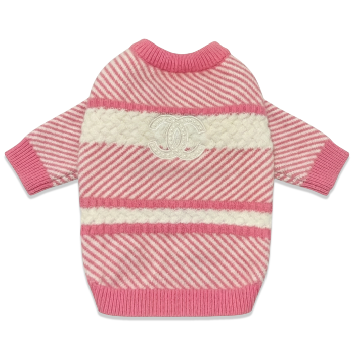 Pink diagonal stripe dog sweater Chanel inspired with interlocking logo band