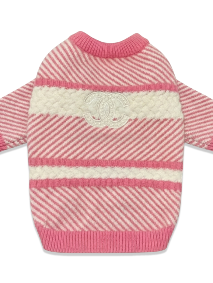 Pink diagonal stripe dog sweater Chanel inspired with interlocking logo band