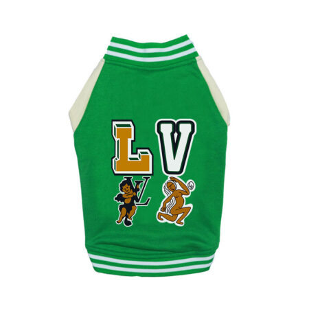 Green dog bomber jacket with cartoon mascots and LV chest graphics varsity style