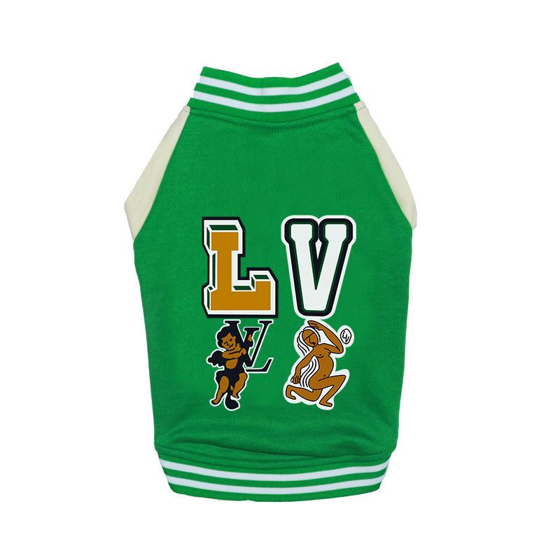 Green dog bomber jacket with cartoon mascots and LV chest graphics varsity style