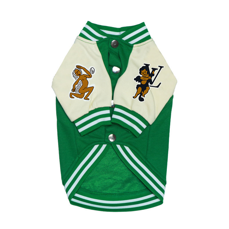 Green varsity dog jacket with snap closure and ribbed trim Louis Vuitton style