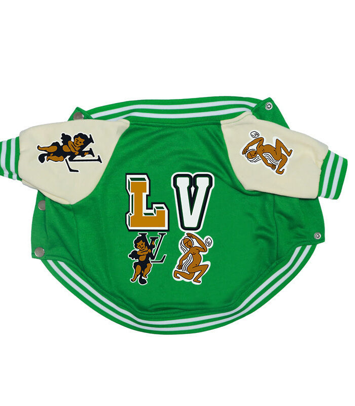 Green varsity bomber jacket with cream sleeves and LV lettering Louis Vuitton inspired flat lay