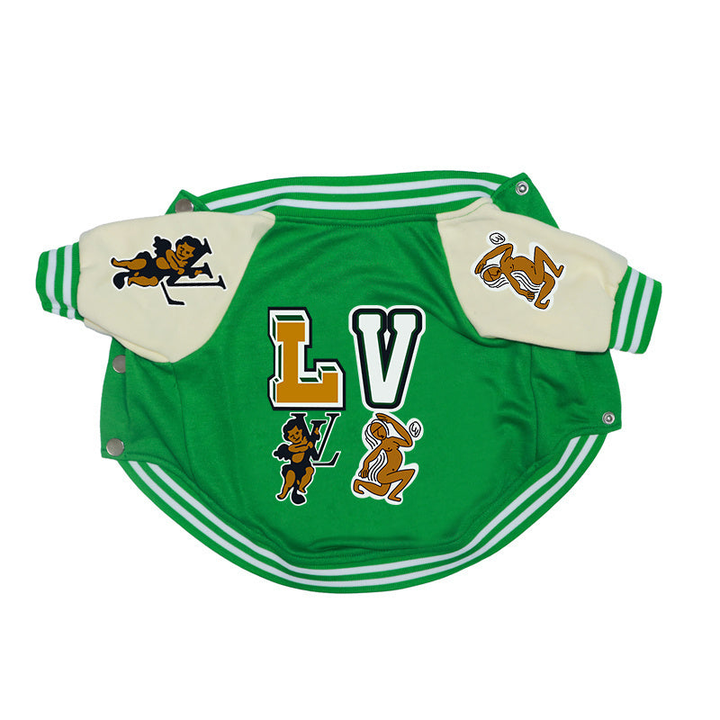 Green varsity bomber jacket with cream sleeves and LV lettering Louis Vuitton inspired flat lay