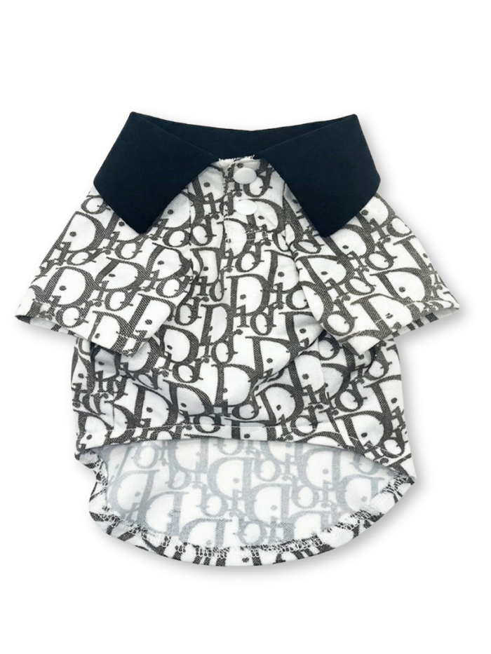 White dog polo shirt with navy Dior oblique monogram print and structured collar