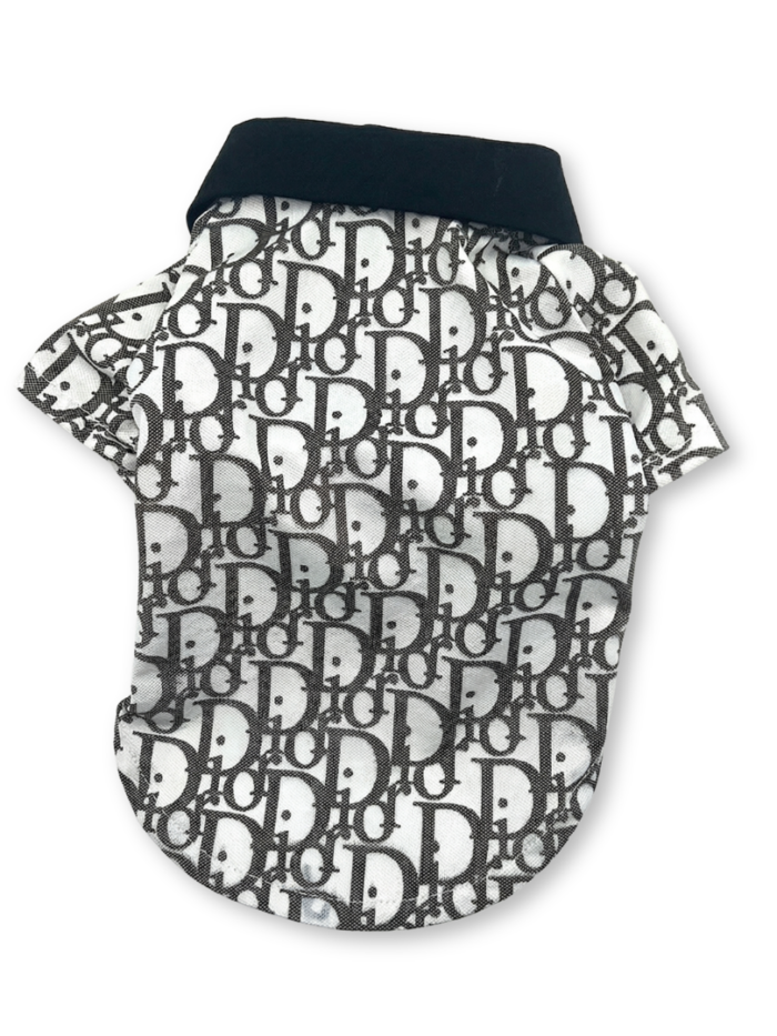 Navy and white oblique print dog polo with tailored fit and collar detail