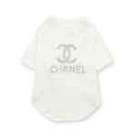 White dog tee with rhinestone Chanel CC logo and text detail