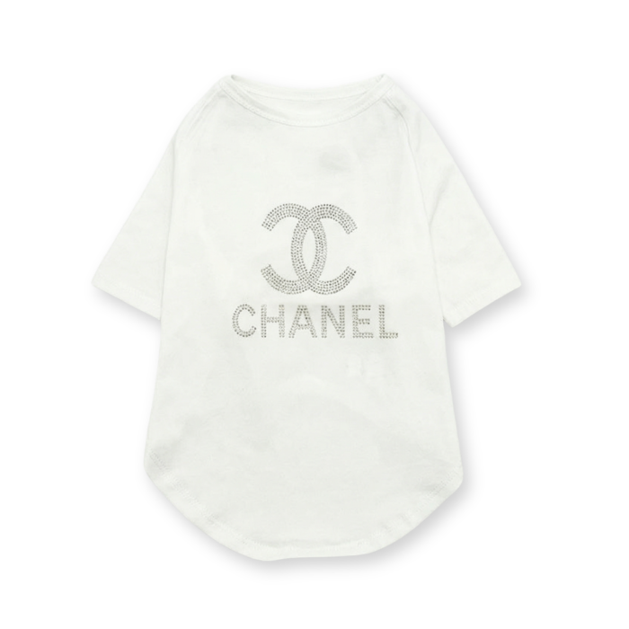 White dog tee with rhinestone Chanel CC logo and text detail