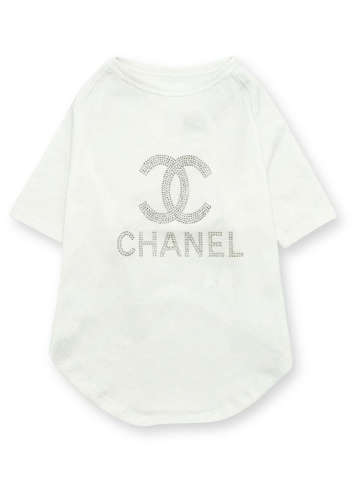 White dog tee with rhinestone Chanel CC logo and text detail