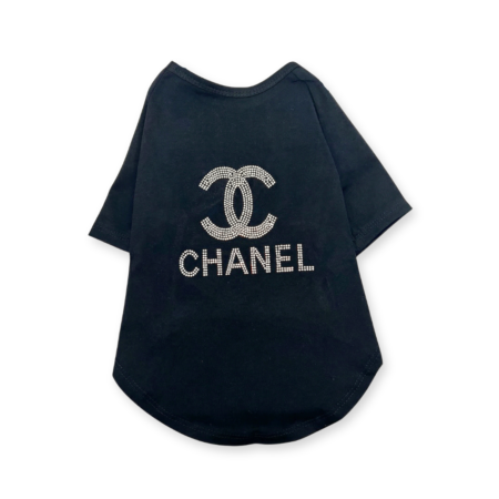 Black dog tee with rhinestone Chanel CC logo and text detail