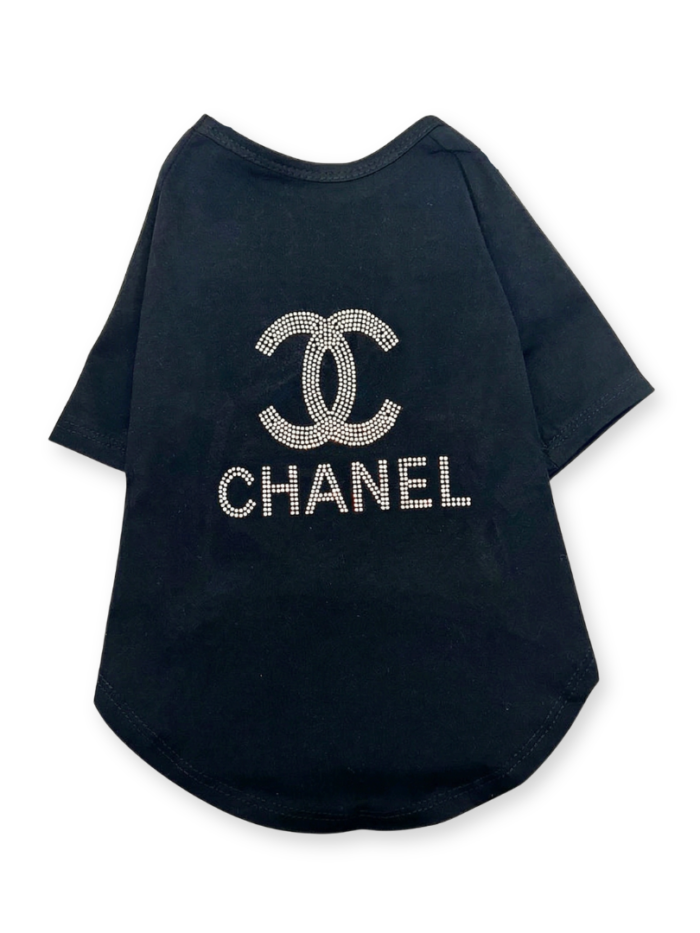 Black dog tee with rhinestone Chanel CC logo and text detail