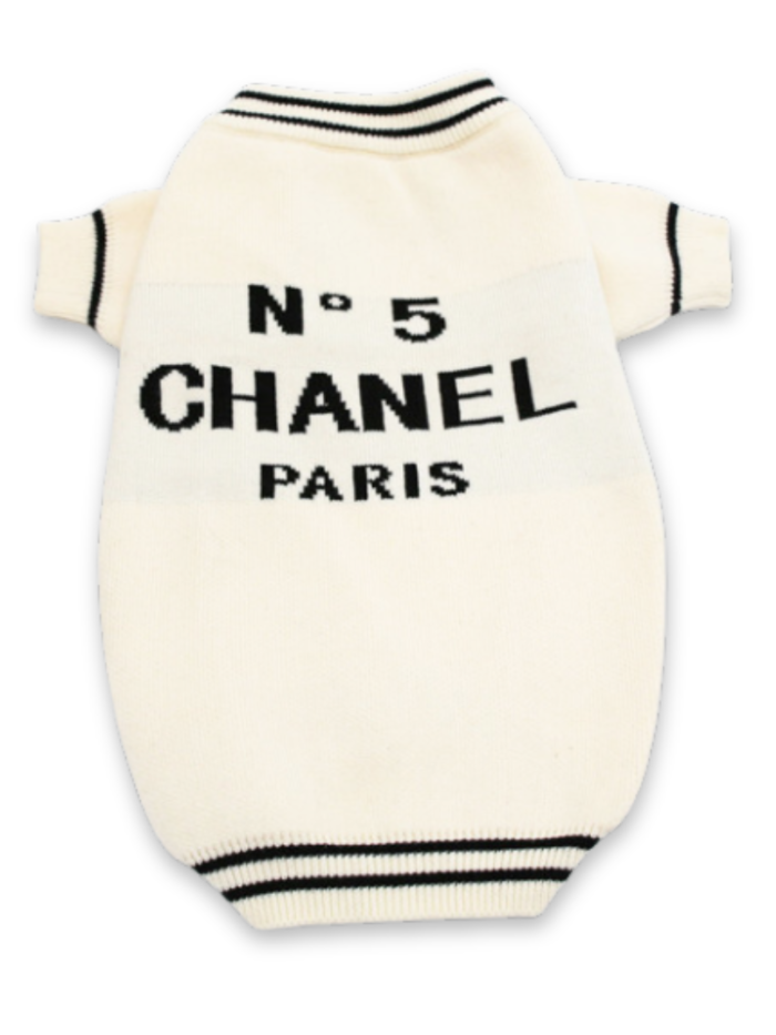 Cream knit dog sweater with No. 5 Chanel Paris text inspired by Chanel on white background