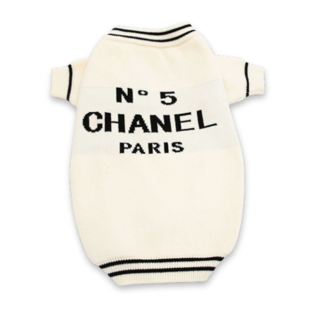 Cream knit dog sweater with No. 5 Chanel Paris text inspired by Chanel on white background