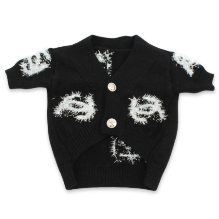 Black knit dog cardigan with white fringe Chanel logo details and gold buttons