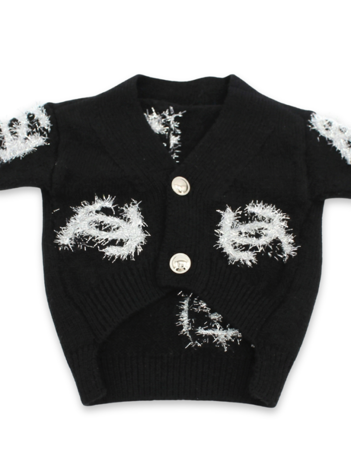 Black knit dog cardigan with white fringe Chanel logo details and gold buttons