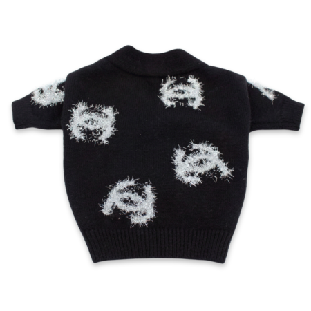 Back view of black Chanel inspired dog cardigan showing fringe logo pattern
