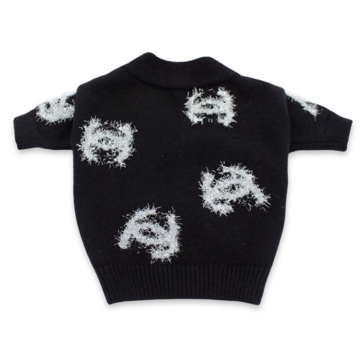 Back view of black Chanel inspired dog cardigan showing fringe logo pattern
