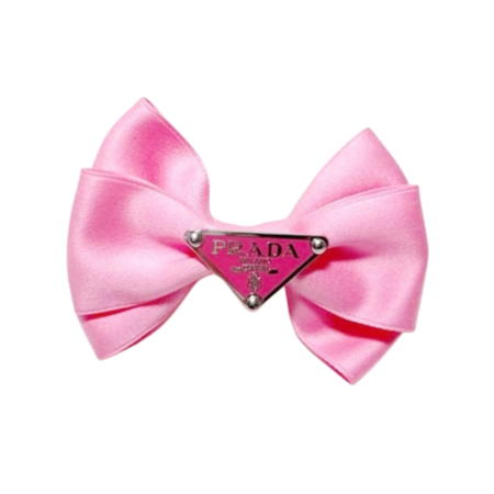 Pink satin dog hair bow with Prada triangle logo center piece