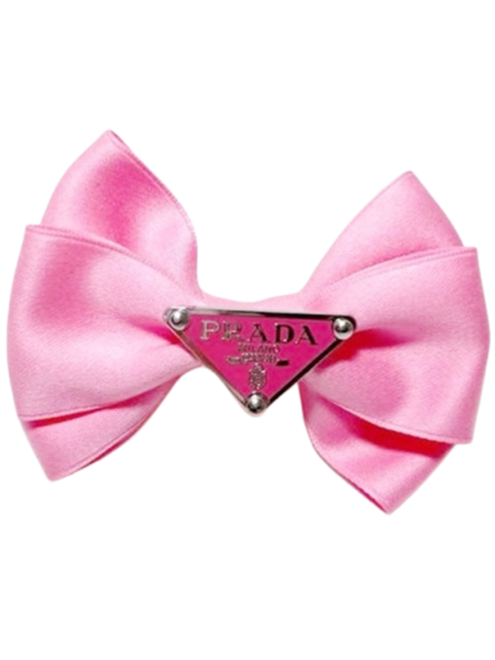 Pink satin dog hair bow with Prada triangle logo center piece