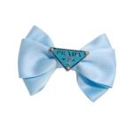 Light blue satin dog hair bow Prada style with metal triangle hardware